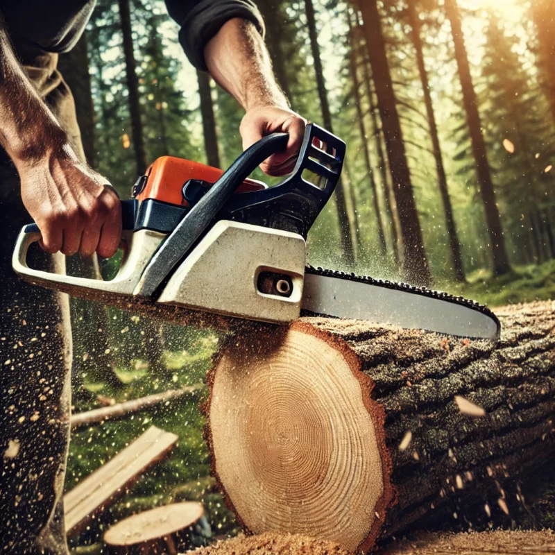 یک اره زنجیری در حال برش تنه درخت در یک محیط جنگلی.