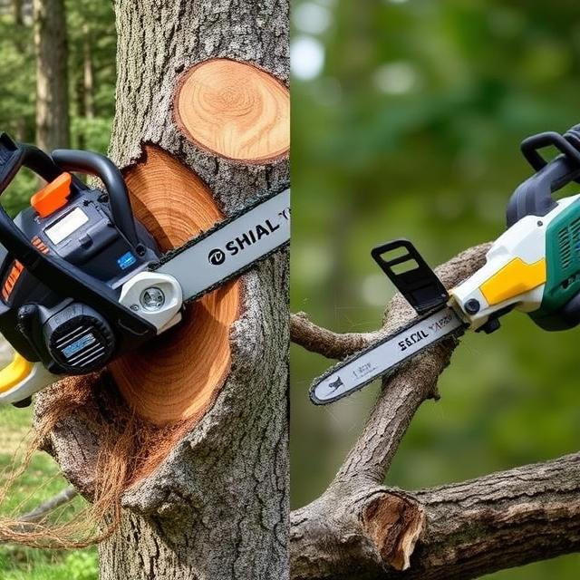 یک تصویر مقایسهای که نشان دهد اره زنجیری بنزینی در حال برش یک تنه ضخیم و اره برقی در حال برش یک شاخه نازکتر است.