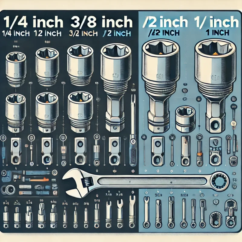 یک تصویر مقایسهای از انواع درایو آچار بکس با اندازههای مختلف و توضیح کاربردهای آنها.
