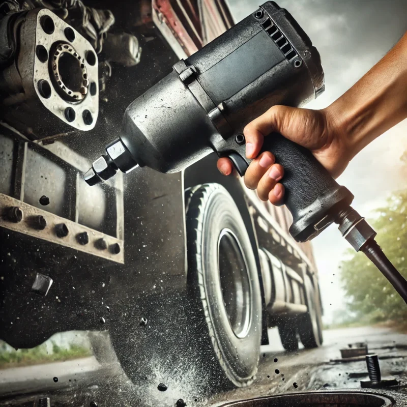 یک تصویر که یک آچار بکس فشار قوی را در حال باز کردن پیچ یک ماشین سنگین نشان دهد.