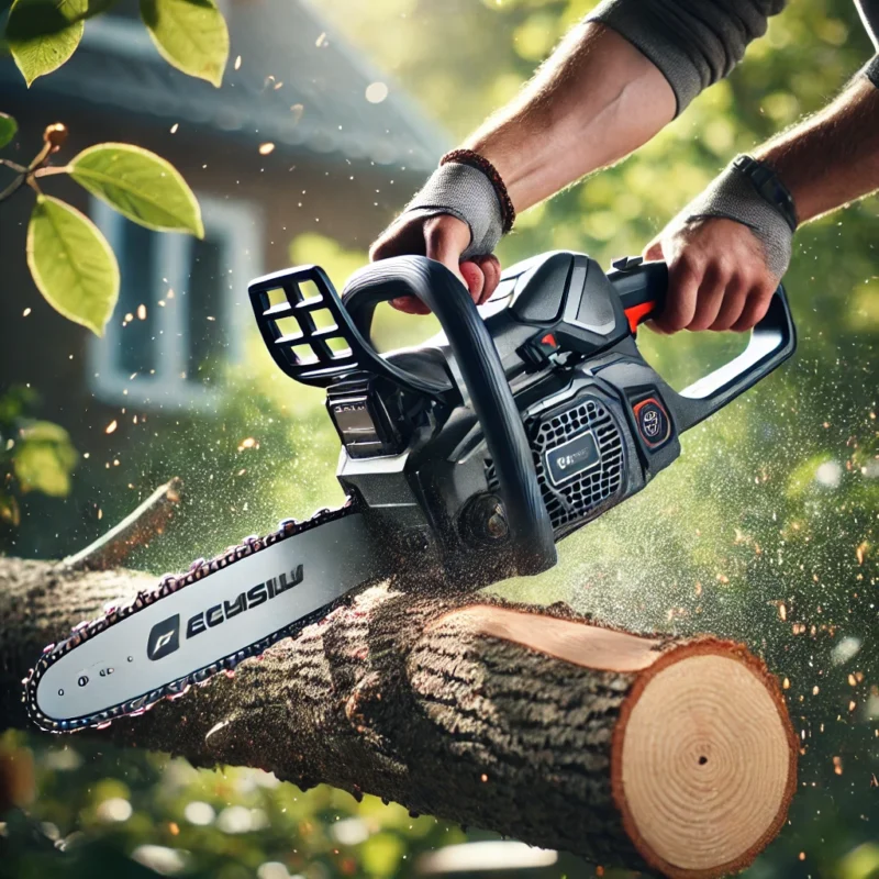 یک تصویر از یک اره زنجیری شارژی که در حال برش چوب یا هرس درختان است.