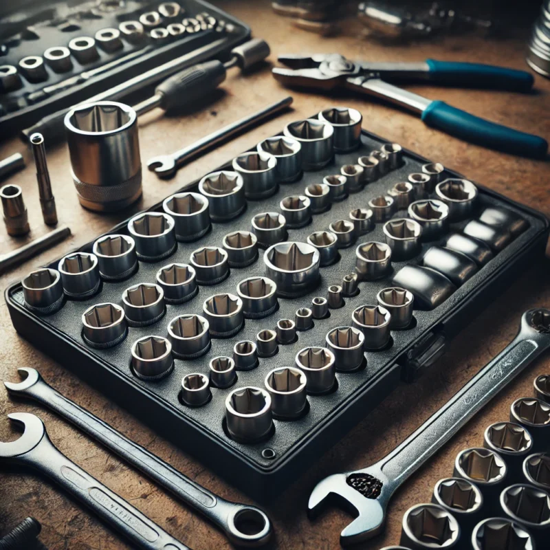 یک تصویر از یک آچار بکس با سریهای مختلف که روی یک میز کار مکانیکی قرار دارد.