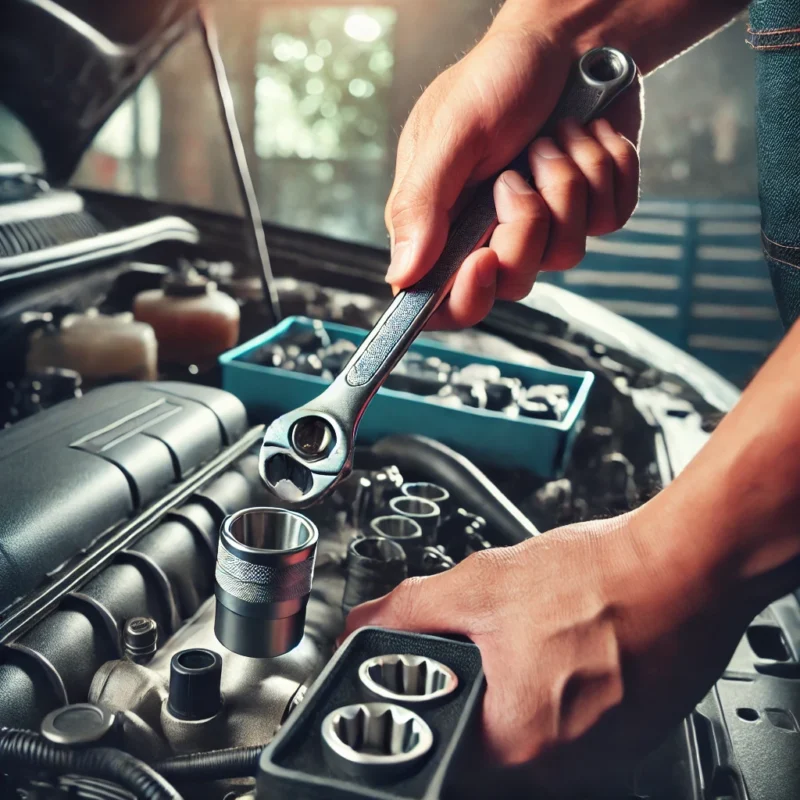 تصویری از مکانیکی که با آچار بکس در حال تعمیر موتور خودرو است.