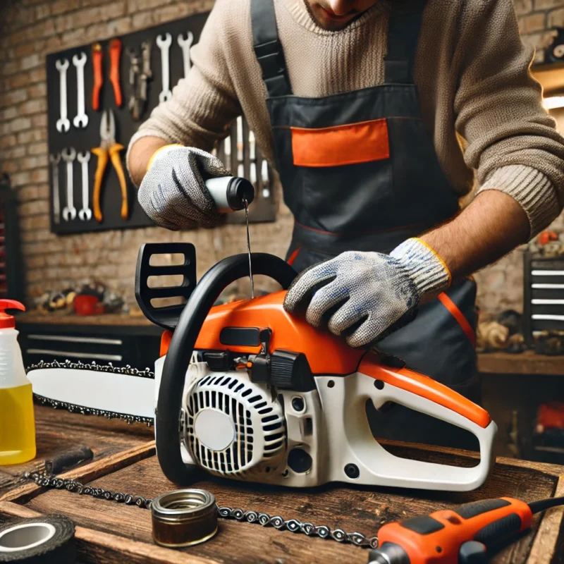 یک تصویر راهنما که یک کاربر را در حال بررسی زنجیر و روغنکاری اره زنجیری نشان دهد.