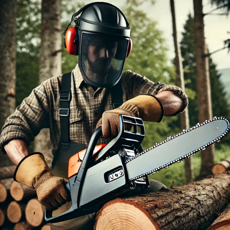 تصویری از یک کاربر که در حال استفاده ایمن از اره زنجیری است، با تجهیزات حفاظتی کامل (کلاه ایمنی، عینک و دستکش).