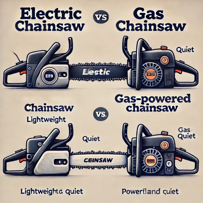 یک تصویر مقایسهای که دو نوع اره زنجیری (برقی و بنزینی) را کنار هم نشان دهد، همراه با توضیح مختصر درباره تفاوت آنها.