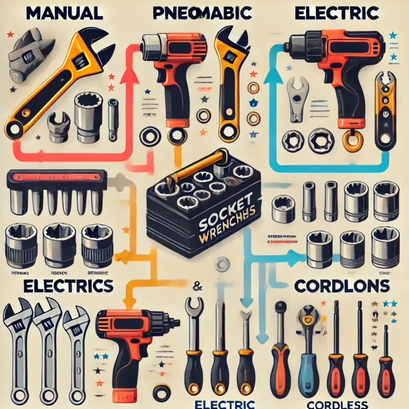 یک اینفوگرافیک که انواع آچار بکس (دستی، بادی، برقی و شارژی) را نمایش دهد.