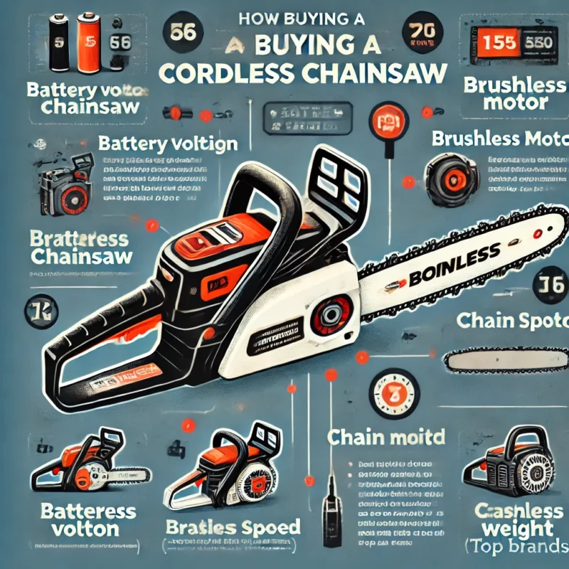 یک اینفوگرافیک راهنمای خرید اره زنجیری شارژی با نمایش نکات مهم مانند باتری، موتور، وزن و برندهای معتبر.
