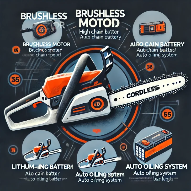 یک تصویر اینفوگرافیک که ویژگیهای یک اره زنجیری قوی را نمایش دهد.