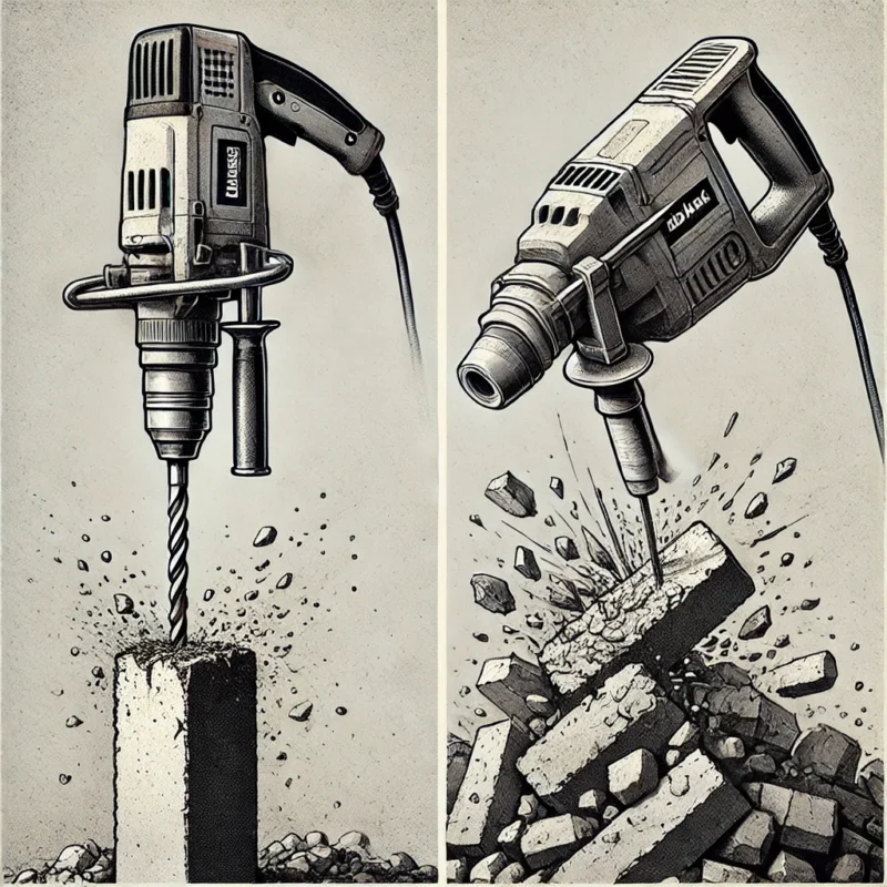 دریل بتن کن و چکش تخریب را کنار هم نشان میدهد، با توضیحی کوتاه درباره کاربرد هر کدام