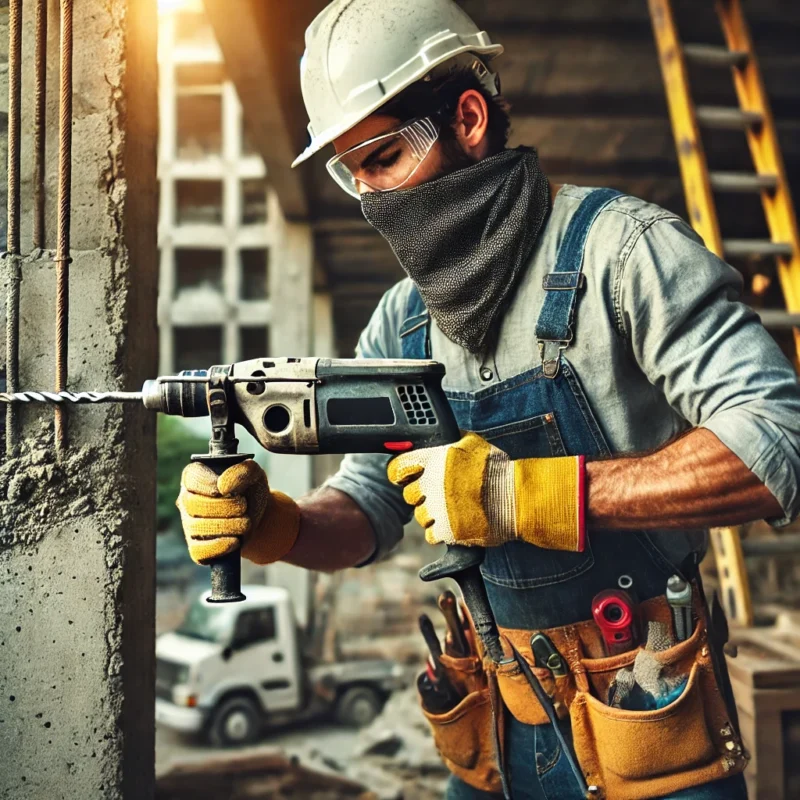 یک کارگر که با دریل بتن کن در حال سوراخکاری یک دیوار بتنی است.