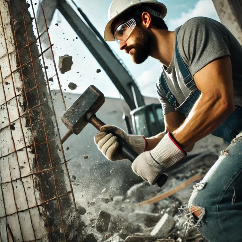 یک کارگر که با چکش تخریب در حال شکستن بتن یا تخریب یک دیوار بتنی ضخیم است.