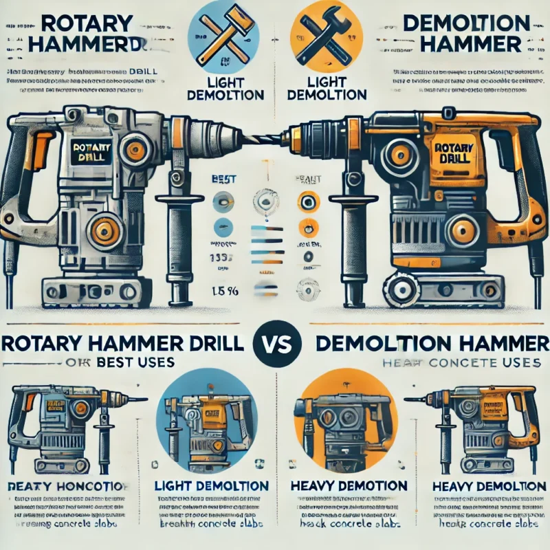 یک دریل بتن کن و یک چکش تخریب با توضیحات کوتاه درباره اینکه هر کدام برای چه کاری مناسب است.