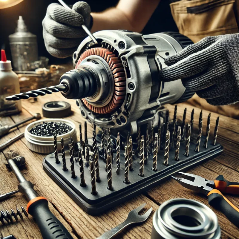 یک دریل بتن کن که در حال سرویس و تمیزکاری است، همراه با ابزارهای لازم برای تعمیر و نگهداری.