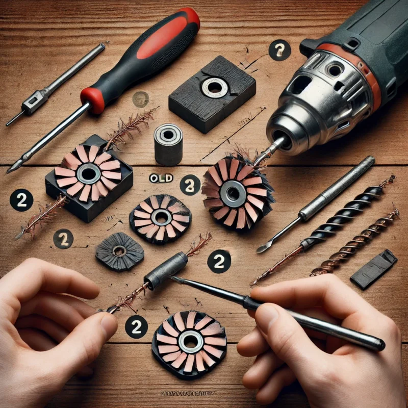 یک فرد که در حال تعویض ذغال دریل بتن کن است، با نمایش ذغال قدیمی و جدید کنار هم.