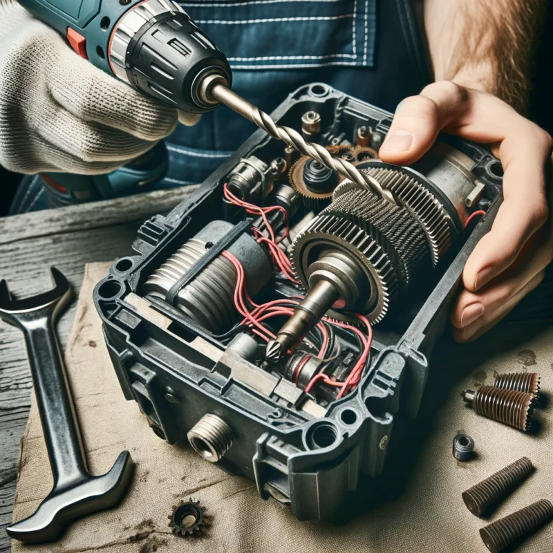 یک دریل بتن کن که ضعیف شده و کاربر در حال بررسی موتور یا گیربکس آن است.