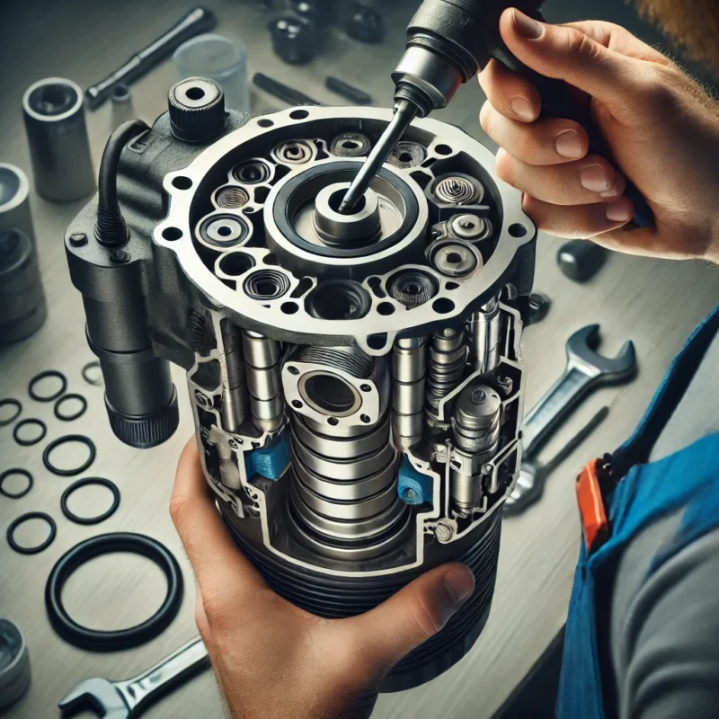 یک دریل بتن کن که مکانیزم چکشی آن باز شده و تعمیرکار در حال بررسی اورینگ و پیستون است.