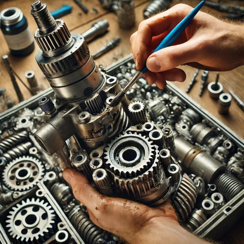 یک تکنسین که دریل بتن کن را باز کرده و در حال گریسکاری قطعات داخلی آن است.